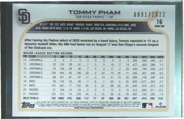 2022 Topps Tommy Pham Gold /2022 #16 Padres - Image 3