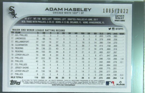 2022 Topps Update Adam Haseley Gold /2022 #US237 Sox - Image 3