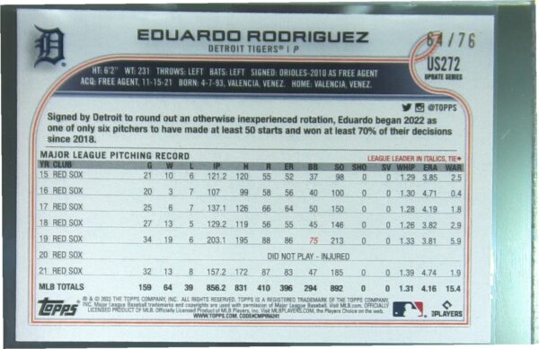 2022 Topps Update Eduardo Rodriguez Independence Day /76 #US272 Tigers - Image 3