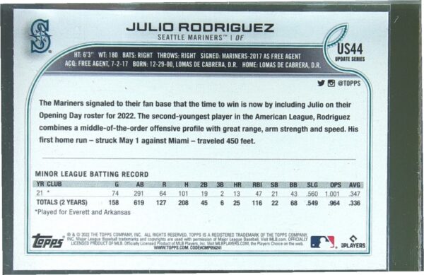 2022 Topps Update Julio Rodriguez RC #US44 Mariners - Image 3