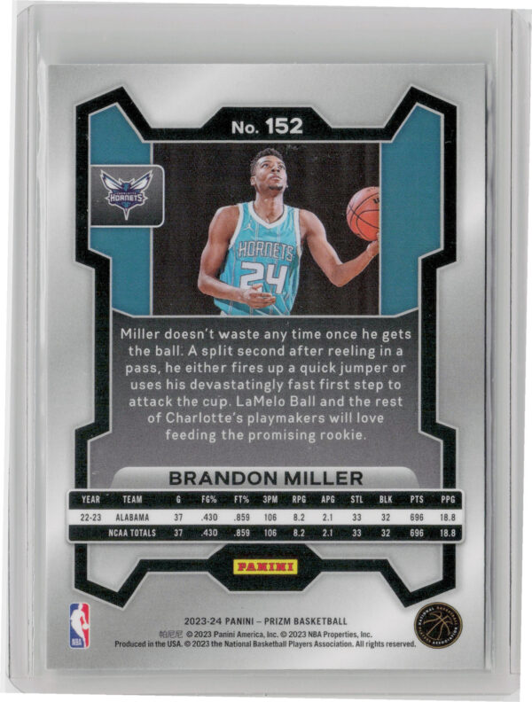 2023-24 Panini Prizm Brandon Miller RC #152 Hornets - Image 3