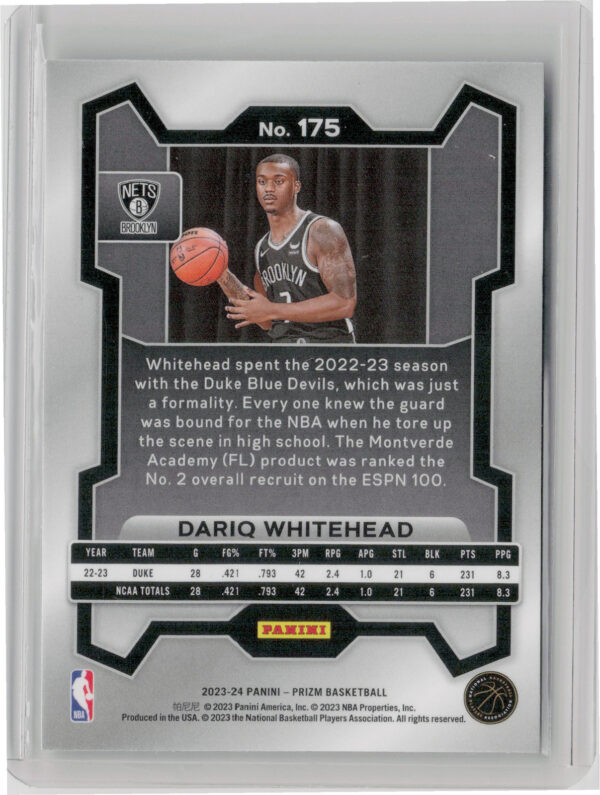 2023-24 Panini Prizm Dariq Whitehead RC #175 Nets - Image 3
