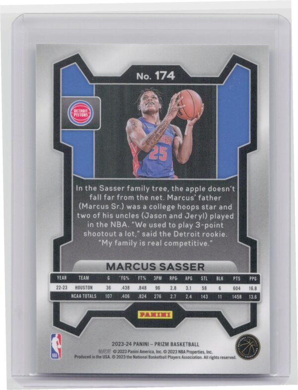 2023-24 Prizm Marcus Sasser Rookie RC #174 Pistons - Image 3