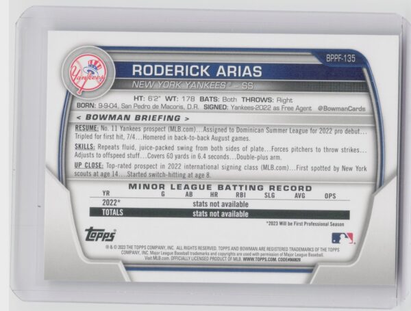 2023 Bowman 1st Edition Roderick Arias #BPPF-135 Yankees - Image 3