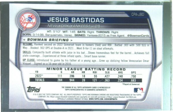 2023 Bowman Chrome Jesus Bastidas Auto #CPA-JBD Yankees Chrome Prospect Auto - Image 3