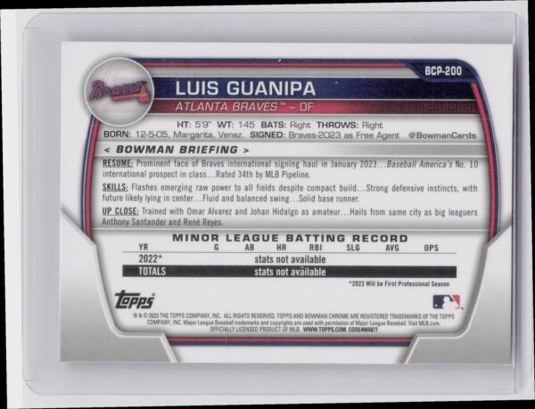 2023 Bowman Chrome Luis Guanipa #BCP-200 Braves Chrome Prospects - Image 3