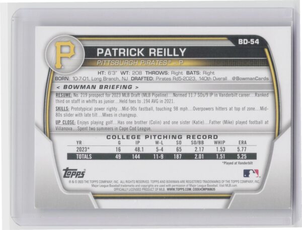 2023 Bowman Draft Patrick Reilly #BD-54 Pirates - Image 3