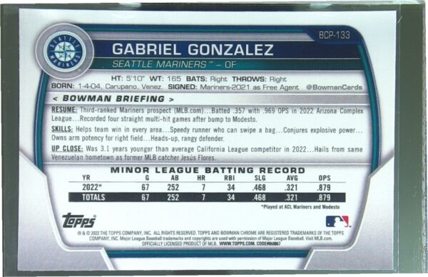 2023 Bowman Gabriel Gonzalez #BCP-133 Mariners Chrome Prospects Mojo Refractor - Image 3