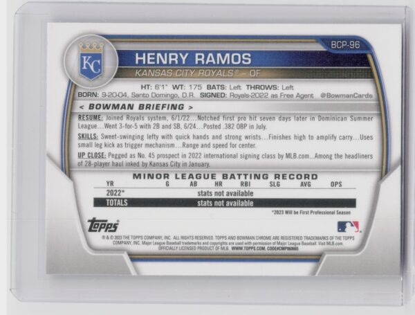 2023 Bowman Henry Ramos #BCP-96 Royals Chrome Prospects - Image 3