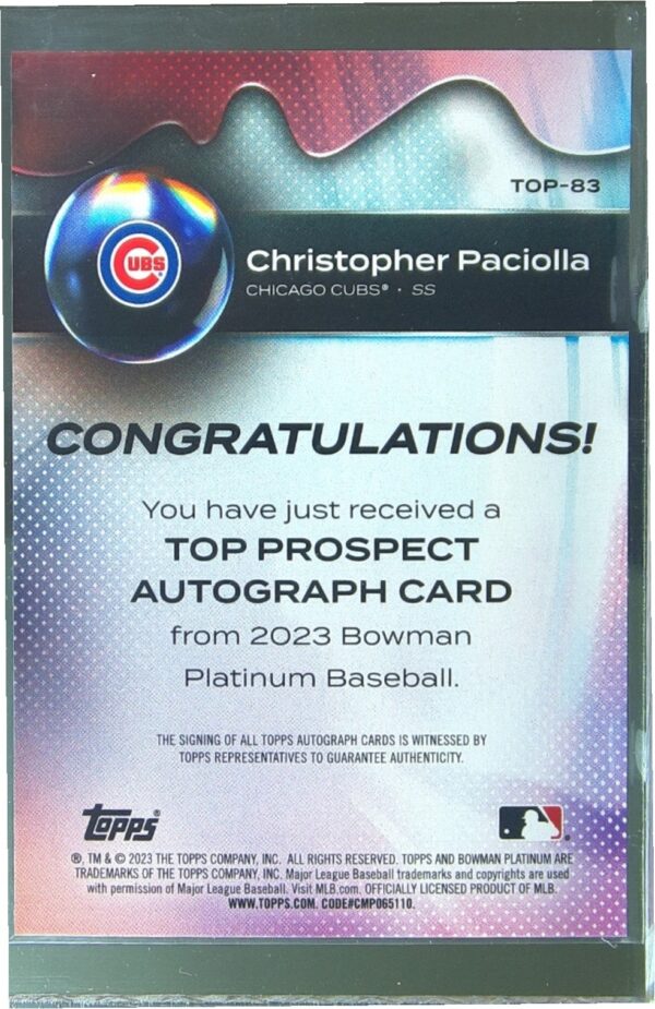 2023 Bowman Platinum Christopher Paciolla Auto #TOP-83 Cubs Top Prospects Auto - Image 3