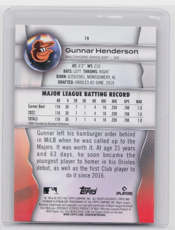 2023 Bowman Platinum Gunnar Henderson RC #79 Orioles - Image 3