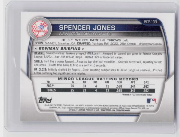 2023 Bowman Spencer Jones #BCP-139 Yankees Chrome Prospects - Image 3