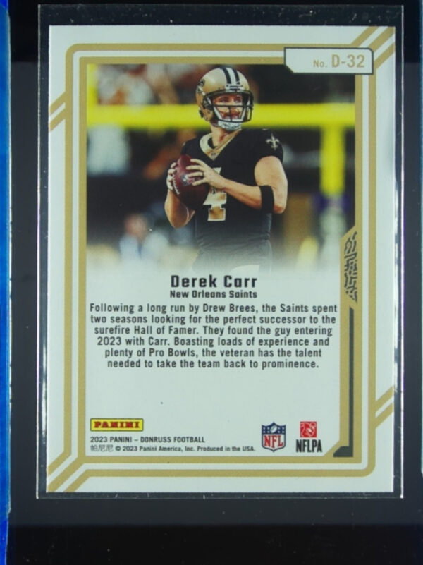 2023 Donruss Derek Carr #D-32 Saints Dominators - Image 3