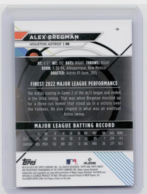 2023 Finest Alex Bregman Sky Blue Refractor /300 #18 Astros - Image 3