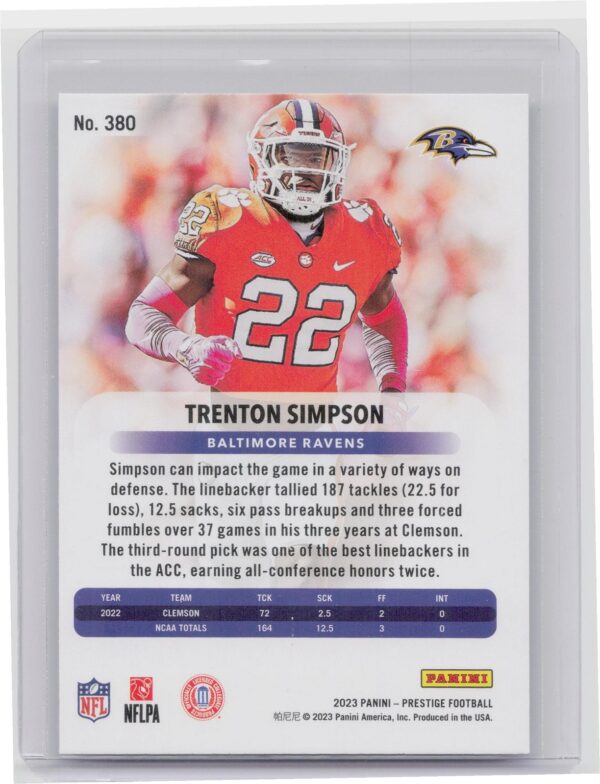 2023 Panini Prestige Trenton Simpson Xtra Points Sunburst #380 Ravens - Image 3