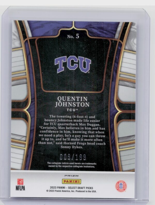2023 Panini Select Draft Picks Quentin Johnston Tri Color Prizm SN199 #5 Frogs - Image 3