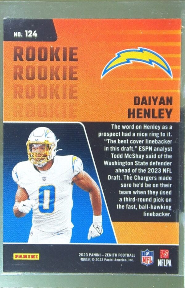 2023 Panini Zenith Daiyan Henley Red Zone RC #124 Chargers - Image 3