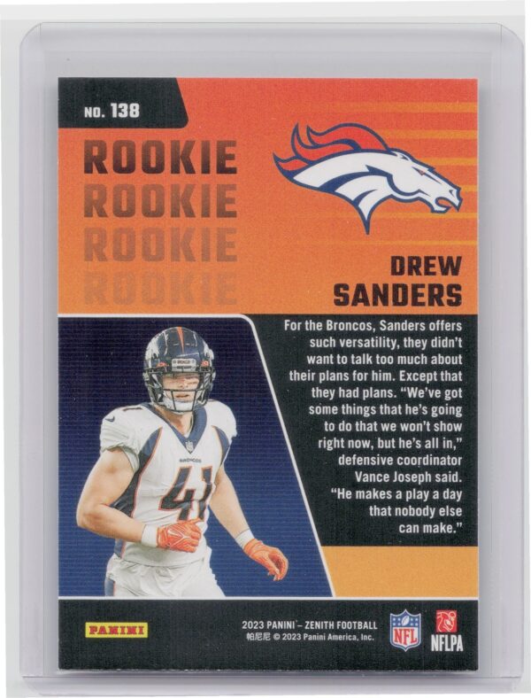 2023 Panini Zenith Drew Sanders RC #138 Broncos - Image 3