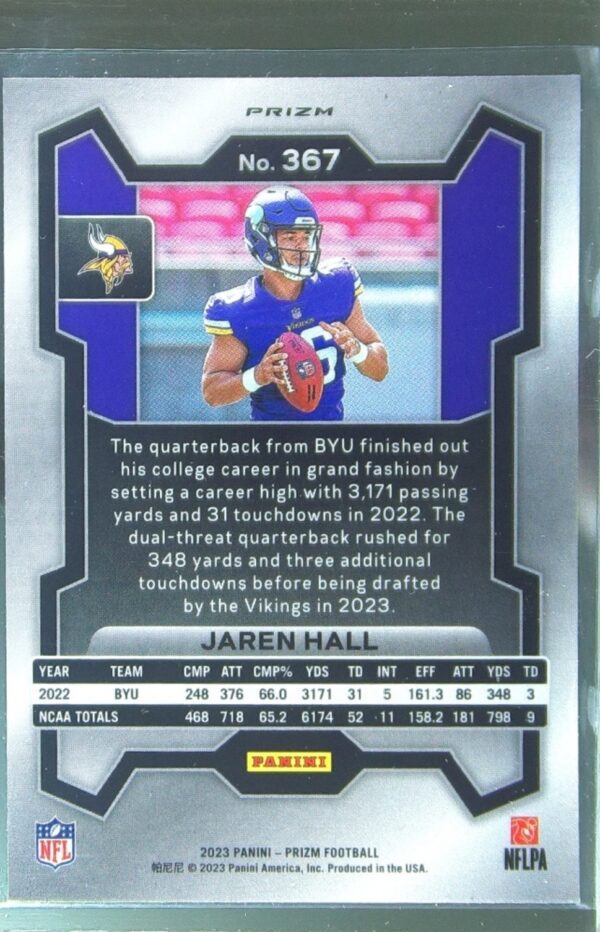 2023 Prizm Jaren Hall Orange Lazer RC #367 Vikings - Image 3