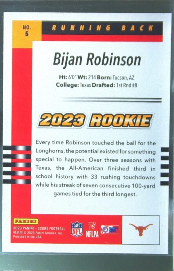 2023 Score Bijan Robinson RC #5 Longhorns 2003 Throwback Rookies - Image 3