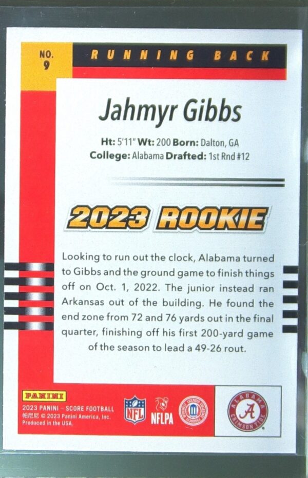 2023 Score Jahmyr Gibbs RC #9 Tide 2003 Throwback Rookies - Image 3