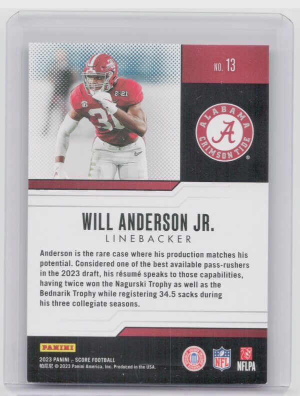 2023 Score Will Anderson Jr. Protential Rookie RC #13 Alabama Crimson Tide - Image 3