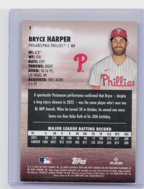 2023 Stadium Club Bryce Harper #1 Phillies - Image 3