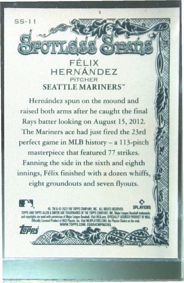 2023 Topps Allen & Ginter Felix Hernandez #SS-11 Mariners Spotless Spans - Image 3