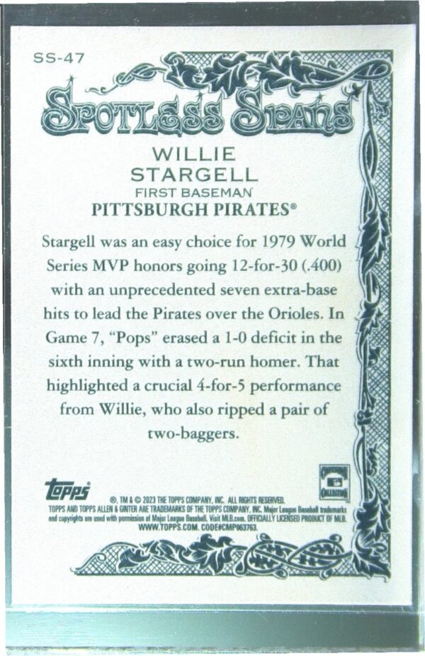 2023 Topps Allen & Ginter Willie Stargell #SS-47 Pirates Spotless Spans - Image 3
