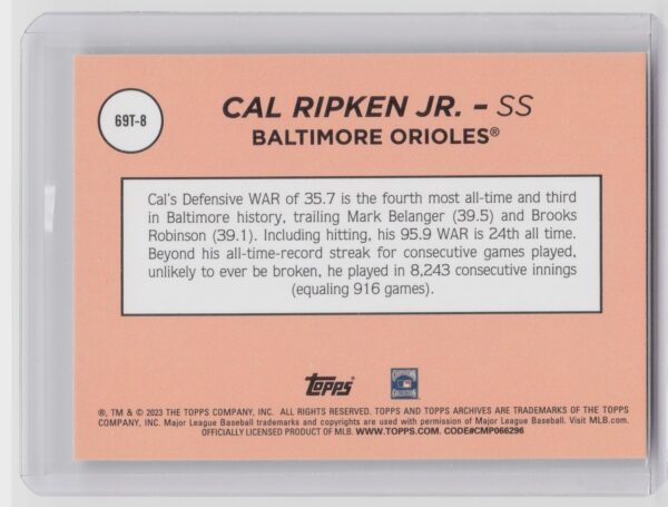 2023 Topps Archives Cal Ripken Jr. #69T-8 Orioles 1969 Topps Single Player Foil - Image 3