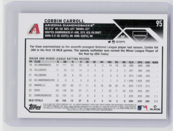 2023 Topps Chrome Corbin Carroll RC #95 Diamondbacks - Image 3