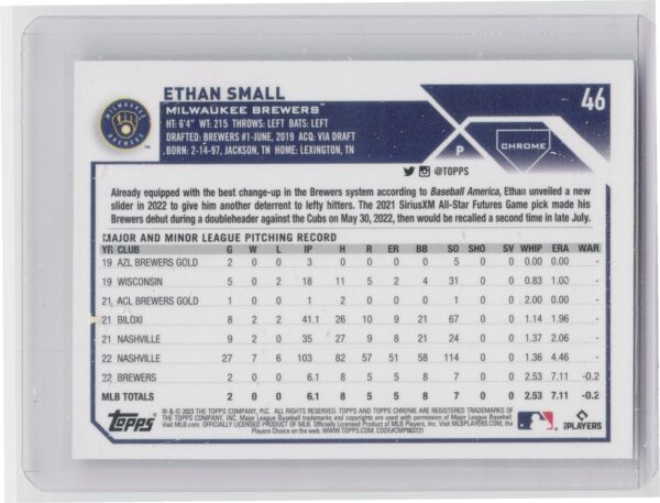 2023 Topps Chrome Ethan Small RC #46 Brewers - Image 3