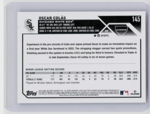 2023 Topps Chrome Oscar Colas Sepia Refractor #145 Sox - Image 3