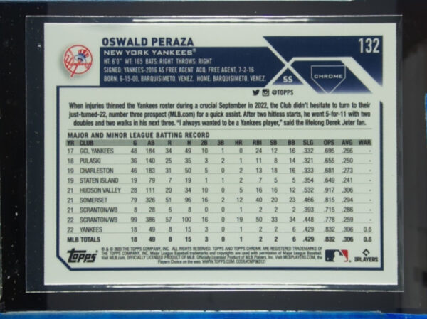 2023 Topps Chrome Oswald Peraza RC #132 Yankees - Image 3