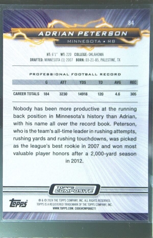2023 Topps Composite Adrian Peterson Resurgence Prism Refractor #84 Vikings - Image 3