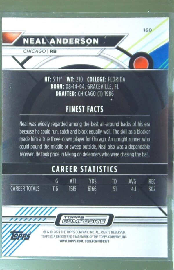2023 Topps Composite Neal Anderson Finest Checkerboard Refractor #160 Bears - Image 3