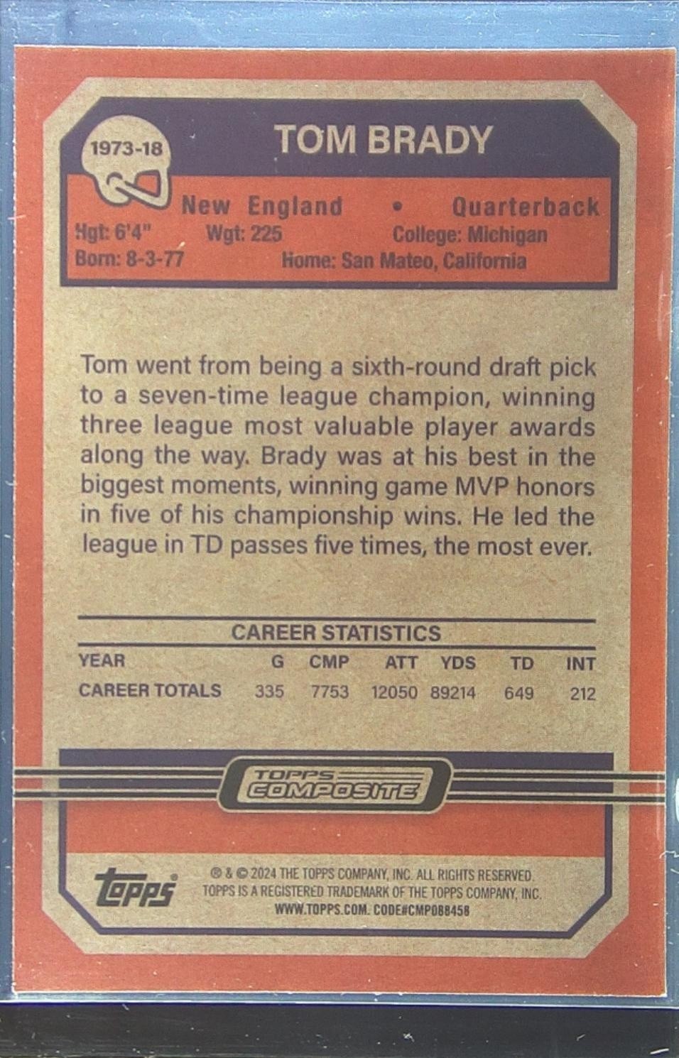 2023 Topps Composite Tom Brady #1973-18 Patriots 1973 Topps Football - Image 3