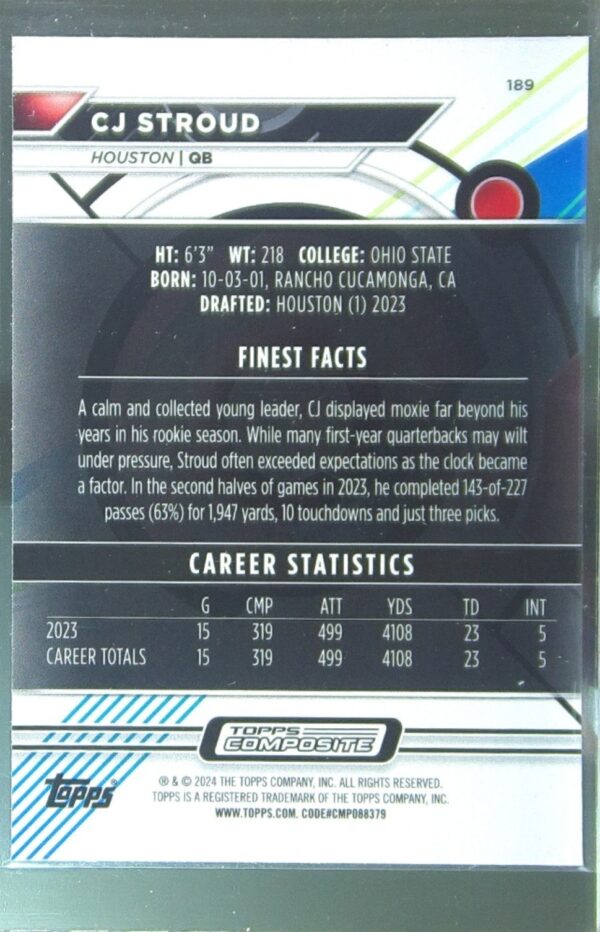 2023 Topps Composite Topps Finest CJ Stroud RC #189 Texans - Image 3