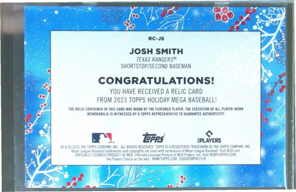 2023 Topps Holiday Josh Smith RC JSY #RC-JS Rangers Relics - Image 3