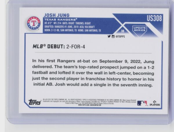 2023 Topps Update Josh Jung Rookie Debut #US308 Rangers - Image 3