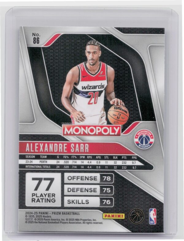 2024-25 Panini Prizm Monopoly Alexandre Sarr RC 86 Wizards - Image 3