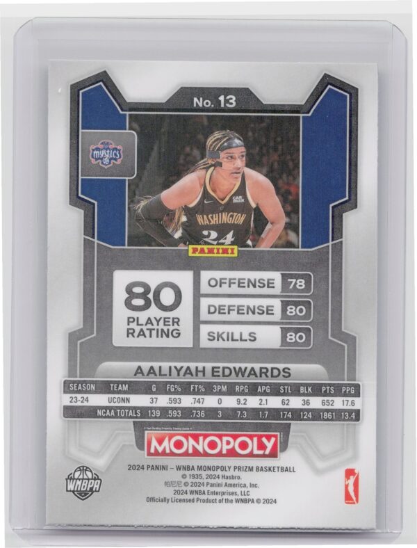 2024-25 Panini Prizm Monopoly WNBA Aaliyah Edwards RC 13 Mystics - Image 3