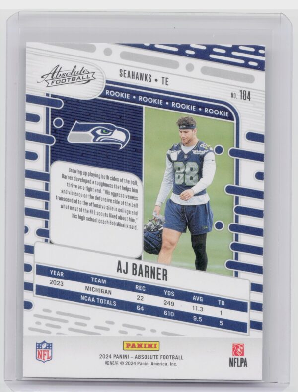 2024 Absolute AJ Barner Red and Blue RC 184 Seahawks - Image 3