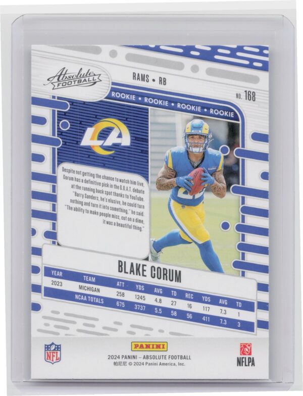 2024 Absolute Blake Corum Red and Blue RC 168 Rams - Image 3
