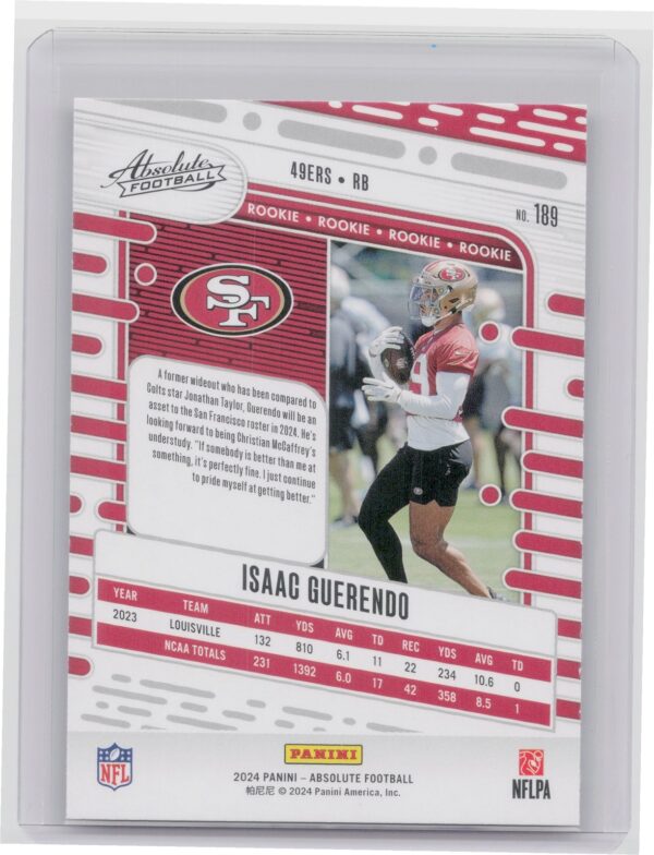 2024 Absolute Isaac Guerendo Red and Blue RC 189 49ers - Image 3