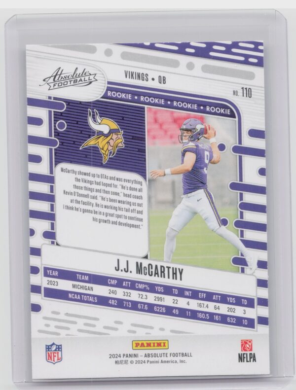 2024 Absolute J.J. McCarthy Red and Blue RC 110 Vikings - Image 3