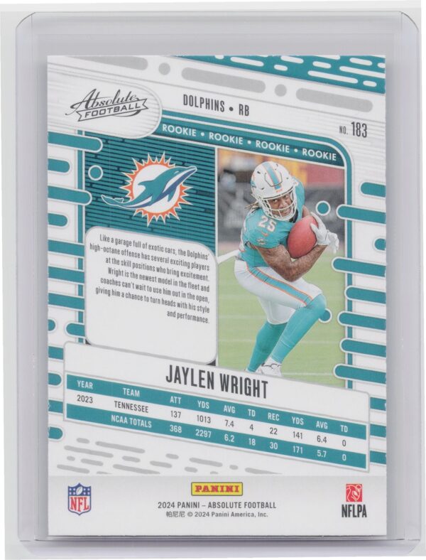 2024 Absolute Jaylen Wright Red and Blue RC 183 Dolphins - Image 3