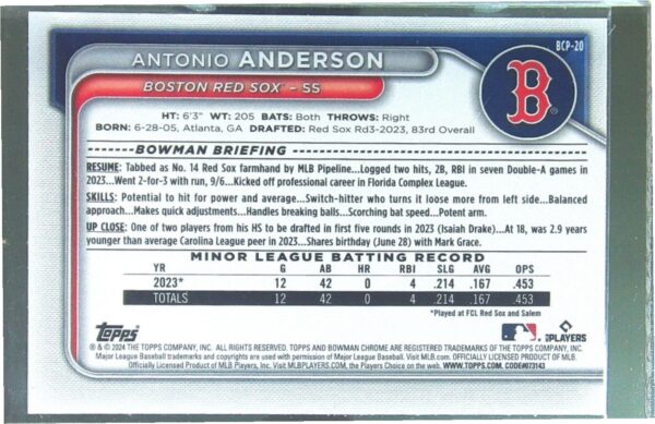 2024 Bowman Antonio Anderson #BCP-20 Sox Chrome Prospects Lunar Glow Refractors - Image 3
