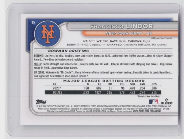 2024 Bowman Chrome Francisco Lindor #35 Mets - Image 3