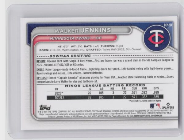 2024 Bowman Chrome Walker Jenkins #BCP-204 Twins Prospects Mojo Refractors - Image 3